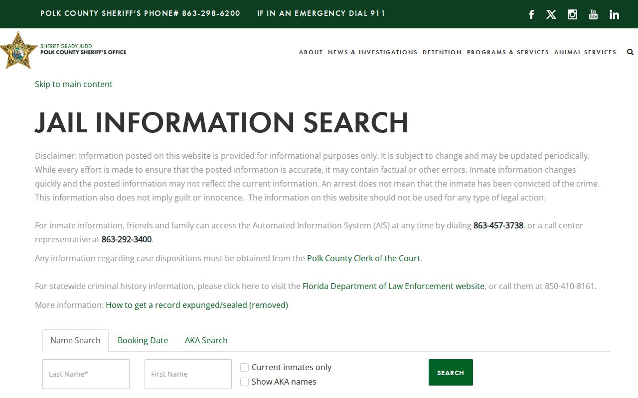 Polk County Sheriff jail search form