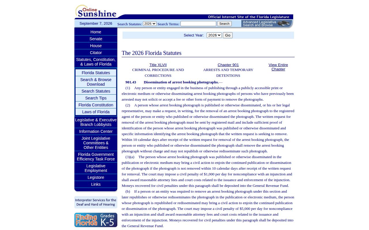 Florida Statutes section 901.43 page